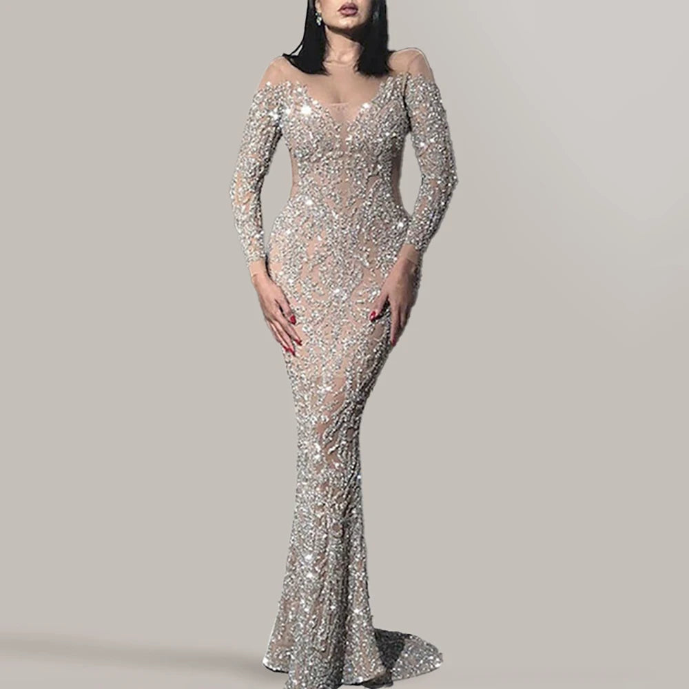 Women Luxurious Sequins Evening Dress Sexy See-through Crew Neck  Long Sleeve Slim High Waist Maxi Party Club Cocktail Dresses
