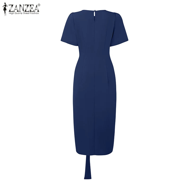 2025 Summer Dress ZANZEA Elegant Women Work OL Dresses Stylish Short Sleeve Slim Fit Party Vestidos Solid Lace Up Sundress Robe