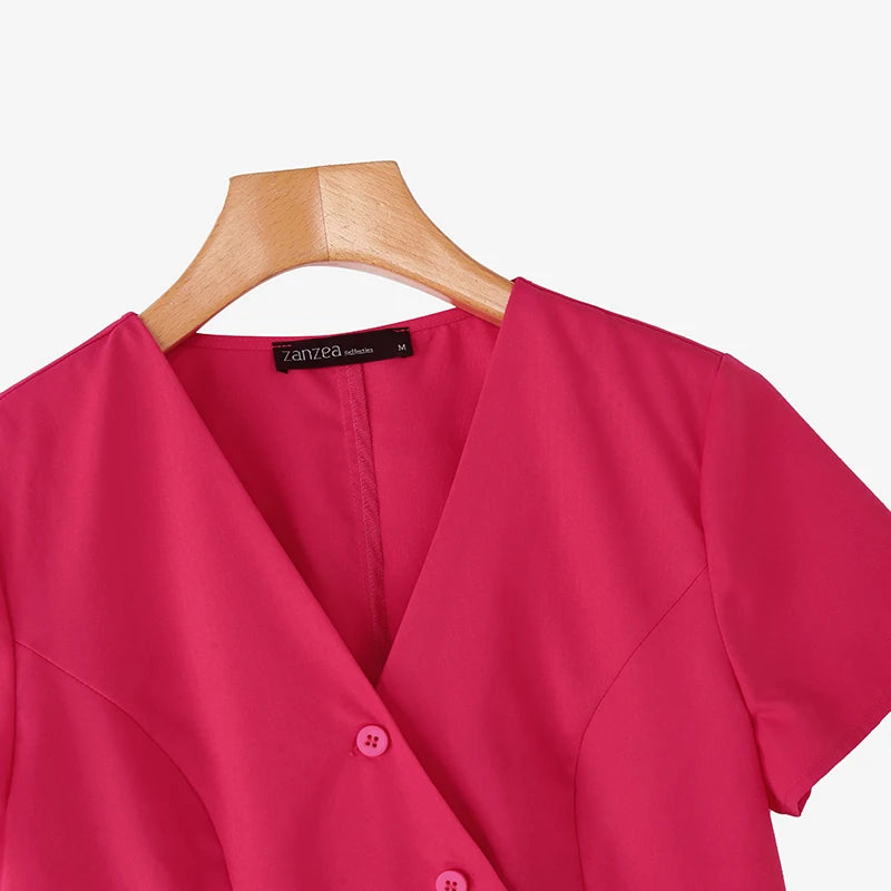 ZANZEA Fashion Shirts Women Elegant Office Tops Casual Short Sleeve Blusas Oversized V Neck Tunic 2025 Solid Color Pullover