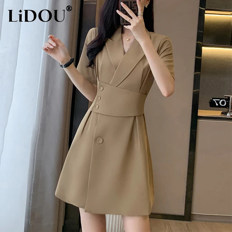 Summer New Office Lady Elegant Fashion Waist Dress Femme Short Sleeve Temperament Solid Robe Vestidos De Fiesta Women's Clothing