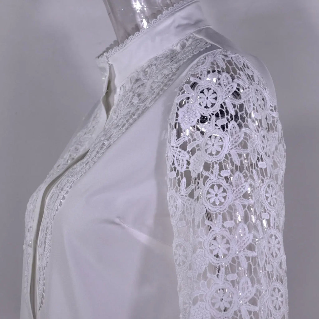 Women's Blouses White Office Spring Casual Button V-neck Long Sleeve Elegant Hook Flower Hollow Shirt For Female