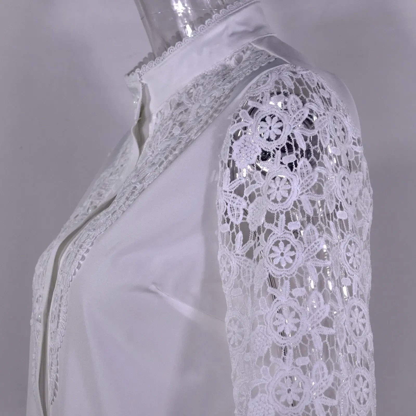 Women's Blouses White Office Spring Casual Button V-neck Long Sleeve Elegant Hook Flower Hollow Shirt For Female