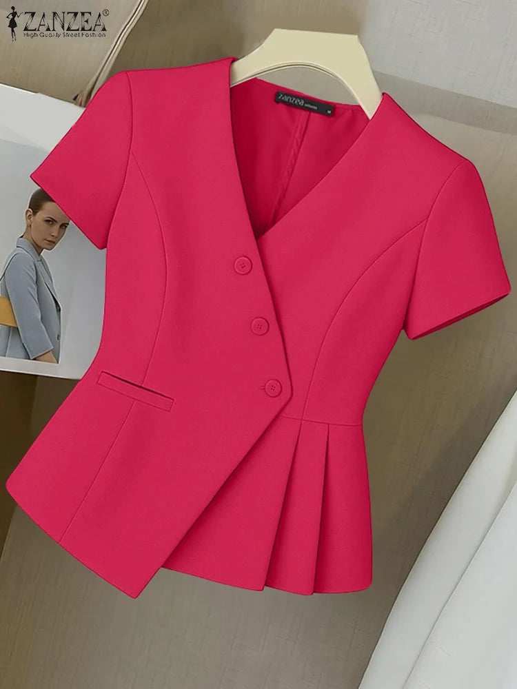 ZANZEA Fashion Shirts Women Elegant Office Tops Casual Short Sleeve Blusas Oversized V Neck Tunic 2025 Solid Color Pullover