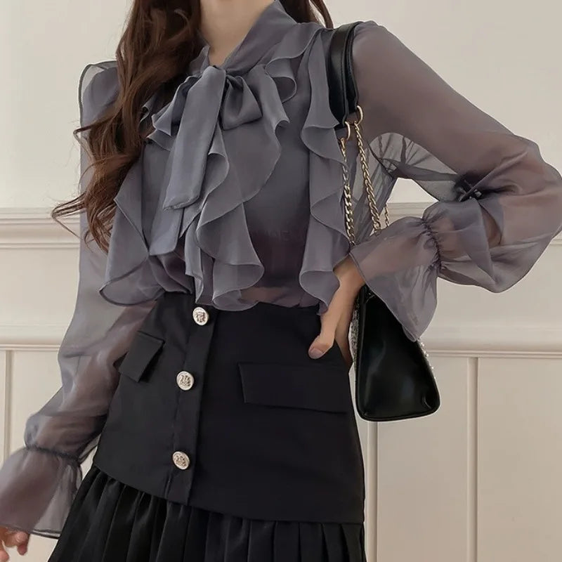 Summer Korean Chiffon Blouse Office Lady Autumn Fashion Tops Sweet Bow Shirts Women Casual Long Sleeve Blouses Blusas 13864