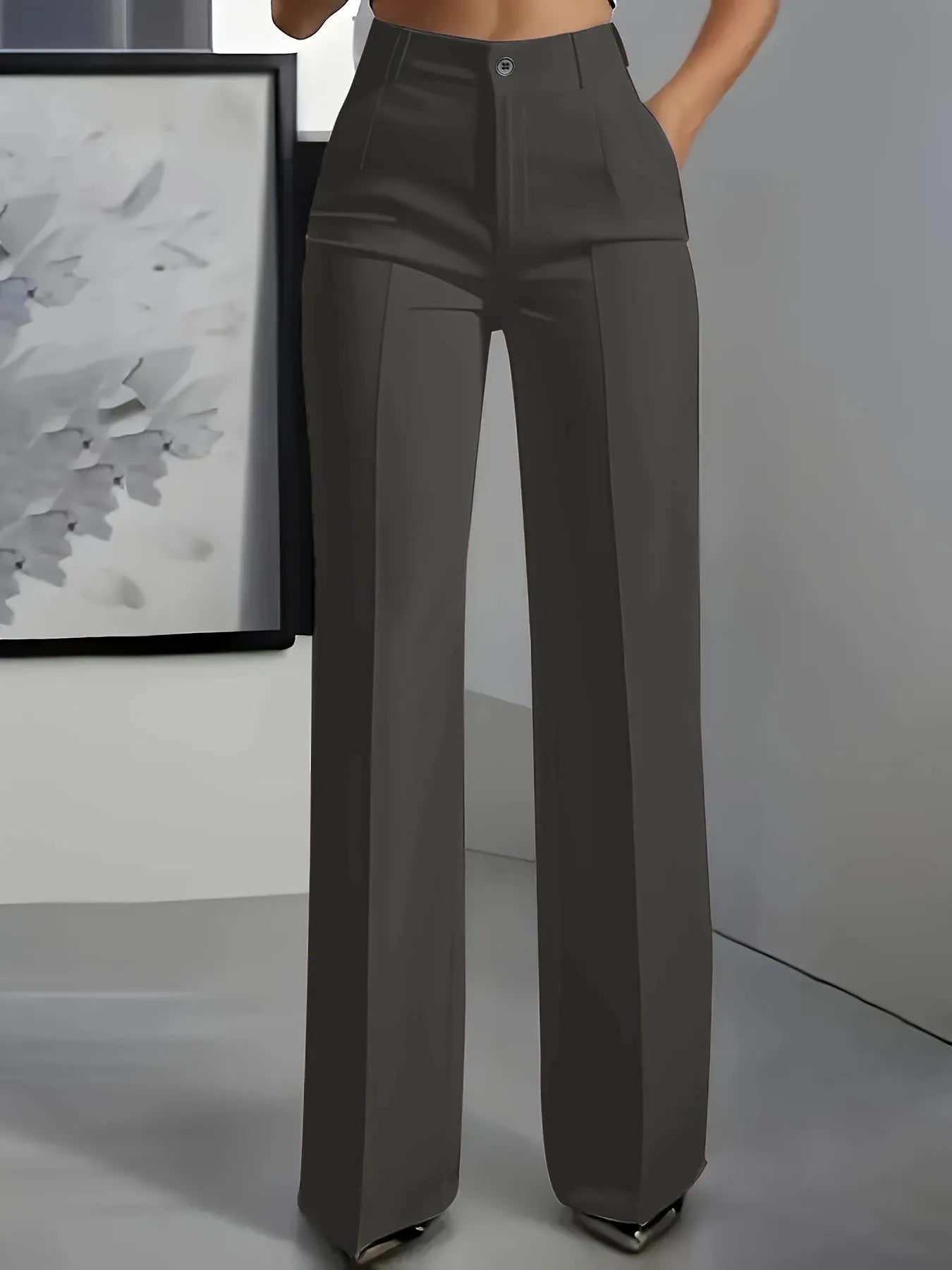 Women's High Waist Dress Pants - Flowy Straight Leg Trousers, Minimalist Office Tailored Pants