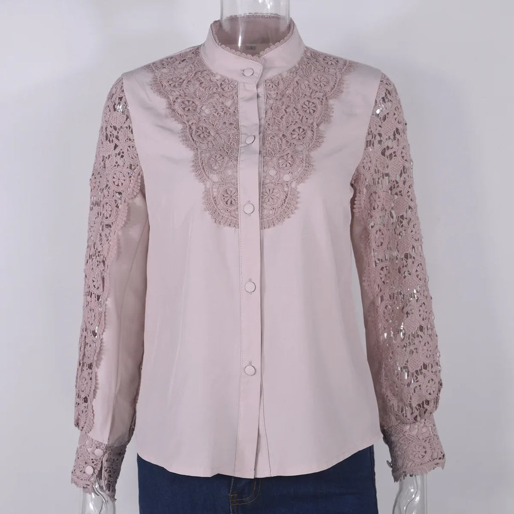 Women's Blouses White Office Spring Casual Button V-neck Long Sleeve Elegant Hook Flower Hollow Shirt For Female
