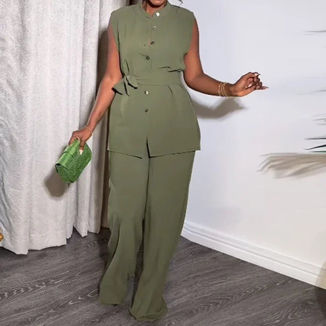 Women Wide Leg Pant Sets Two Piece Set Black Shirt Top & Cuffed Pants Set Suit Loose O Neck High Waist Elegant Trousers Suits