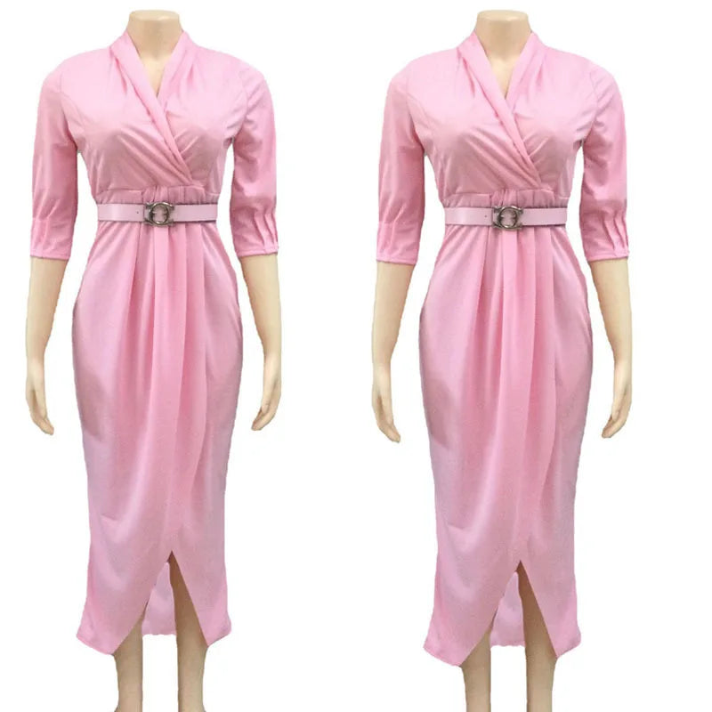 2024Elegant Office Ladies Dresses Women Fall Clothes Plus Size Long Sleeve Slim 3XL Dresses With Belt