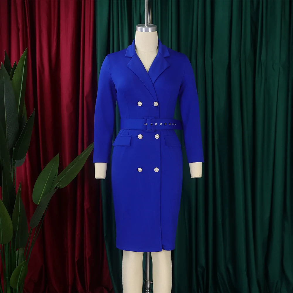 Office Dress Women Elegant Notched Collar Full Sleeve Belt Waisted Double Breasted Package Hips Mid Calf Formal Work Dress Midi