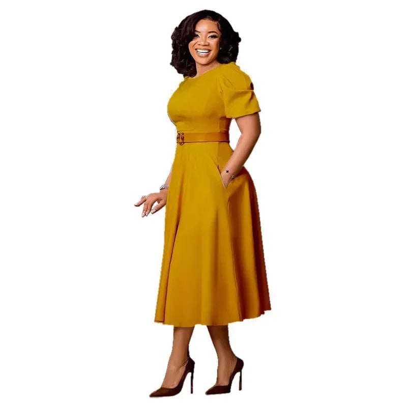 Ladies Office Dresses Women Formal Work O-Neck Puff Sleeve Wrap Waist A-line Dresses with Belt Bodycon Dress African Dresses
