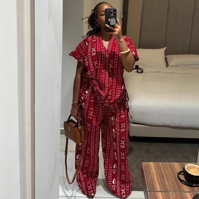 New African Fashion Vintage Casual Printed Women Two Piece Set Short Sleeve drawstring Waist and Loose Pants Set Outfits