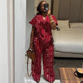 New African Fashion Vintage Casual Printed Women Two Piece Set Short Sleeve drawstring Waist and Loose Pants Set Outfits