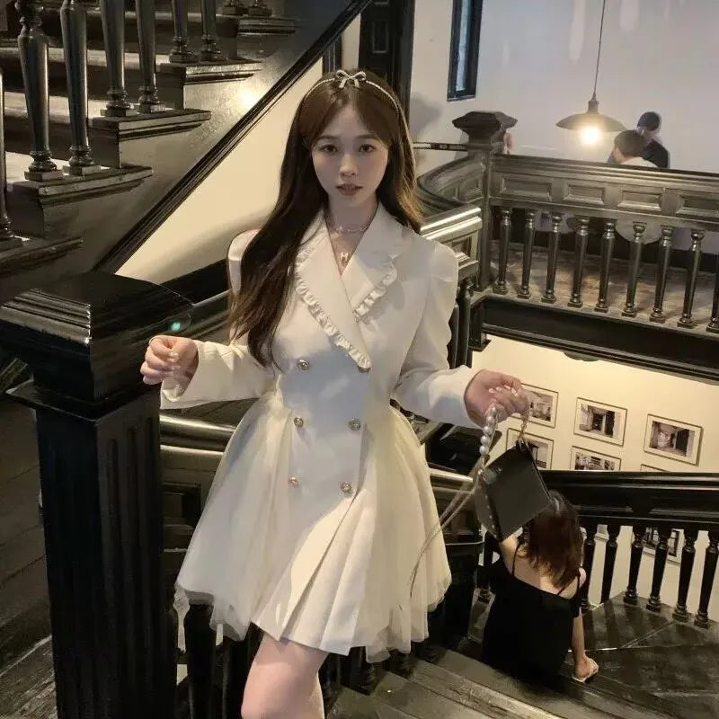 Office Blazer Dress Women Elegant Preppy Style Pleated Blazer Short Dress Fashion double-breasted Lapel Party Evening Dress Y2K