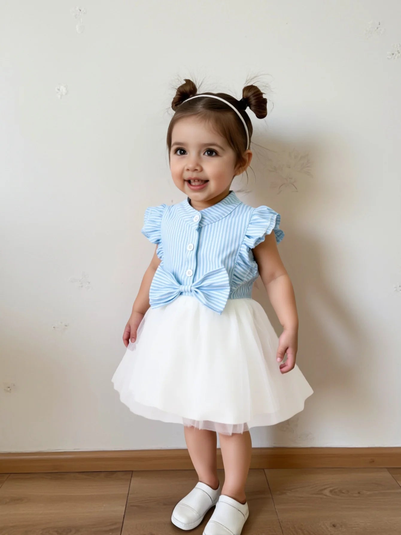 Single piece female baby fashionable, sweet and cute blue and white striped bow decoration spliced mesh dress for summer