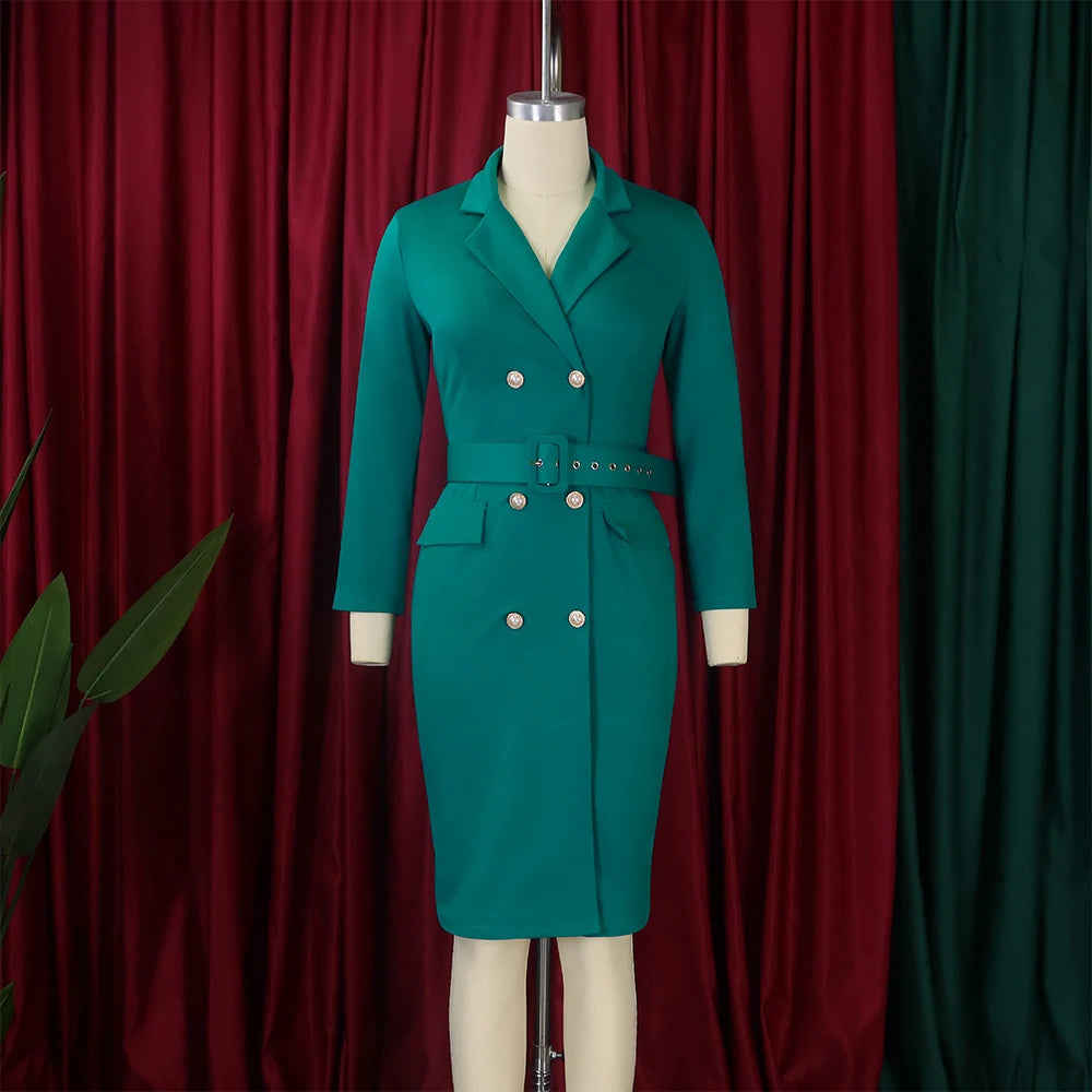 Office Dress Women Elegant Notched Collar Full Sleeve Belt Waisted Double Breasted Package Hips Mid Calf Formal Work Dress Midi
