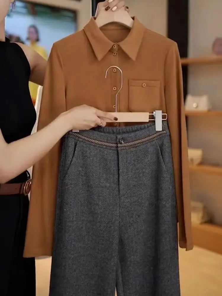 Fashion Office Lady Autumn Winter New Woolen Pants Women Solid Pockets Elastic High Waist Plus Velvet Straight Wide Leg Trousers