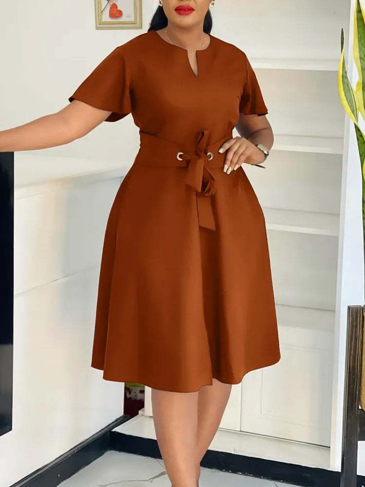 Plus Size Spring Summer New Solid Color Matching V-Neck Short Sleeves Fashion Commuting Slim Fit Midi Length Elegant Style Dress