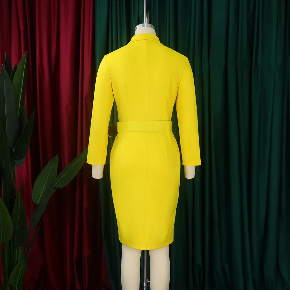 Office Dress Women Elegant Notched Collar Full Sleeve Belt Waisted Double Breasted Package Hips Mid Calf Formal Work Dress Midi