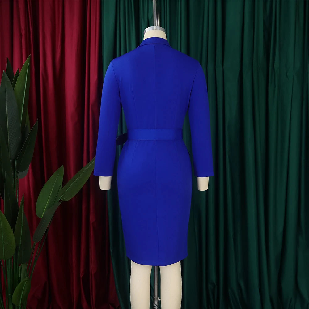 Office Dress Women Elegant Notched Collar Full Sleeve Belt Waisted Double Breasted Package Hips Mid Calf Formal Work Dress Midi