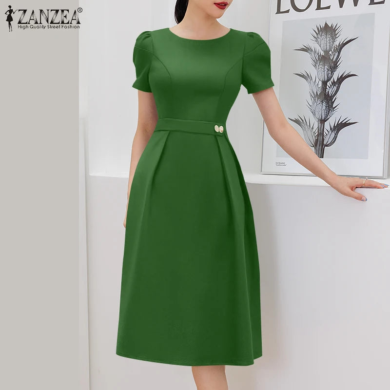 ZANZEA Office Women Dresses 2025 Fashion Summer Dress Elegant O Neck Short Sleeve Work Midi Vestido Stylish Solid Party Sundress