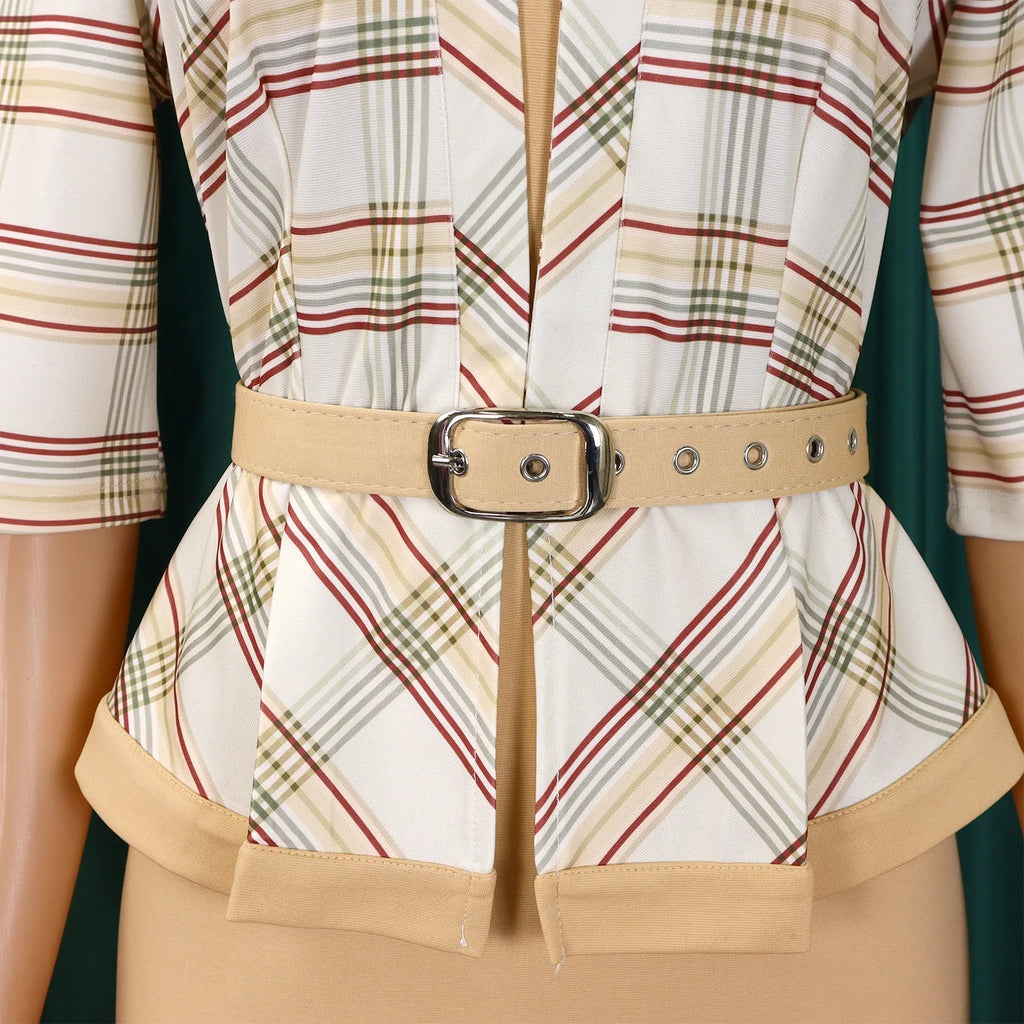 Elegant Office Ladies Dresses for Women O Neck Half Sleeve Plaid Patchwork Sheath Package Hips Female Business Work Wear Dress