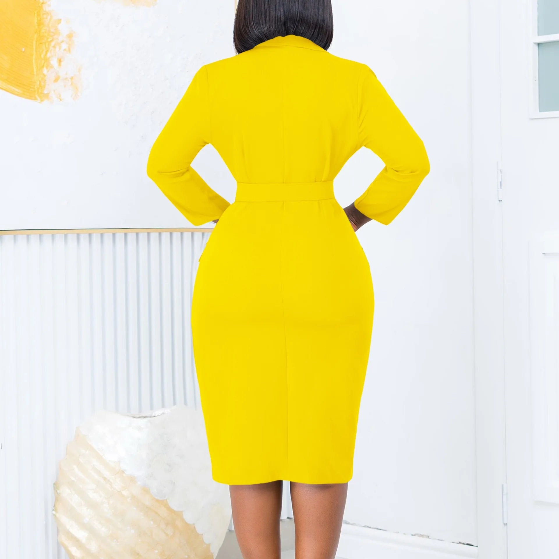 Office Dress Women Elegant Notched Collar Full Sleeve Belt Waisted Double Breasted Package Hips Mid Calf Formal Work Dress Midi