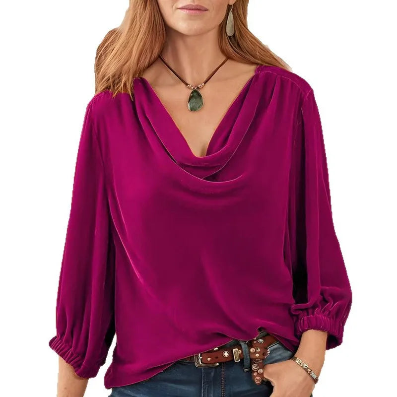2026 Women T Shirts Tops Pleated Tees Solid V Neck Long Sleeve Slight Stretch Loose Fit Elegant Casual Office Lady Autumn Winter