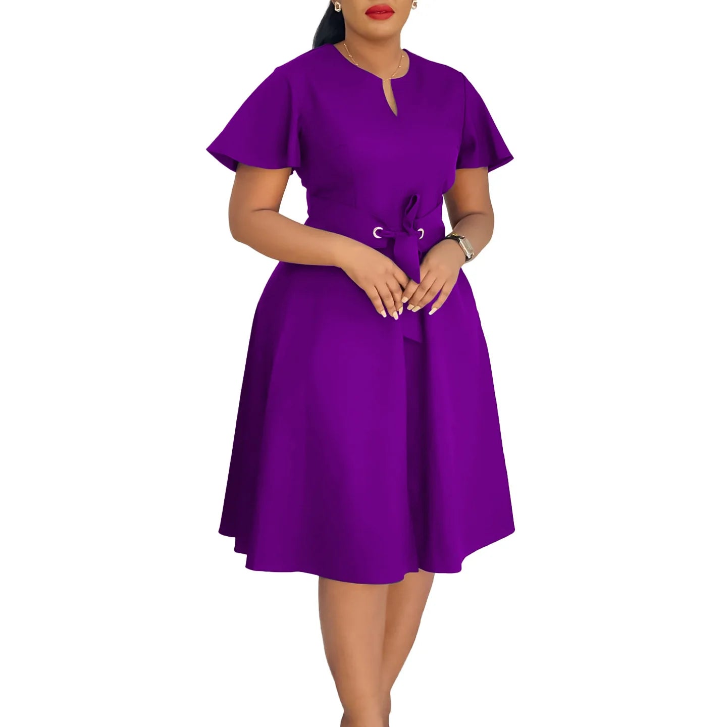 Plus Size Spring Summer New Solid Color Matching V-Neck Short Sleeves Fashion Commuting Slim Fit Midi Length Elegant Style Dress