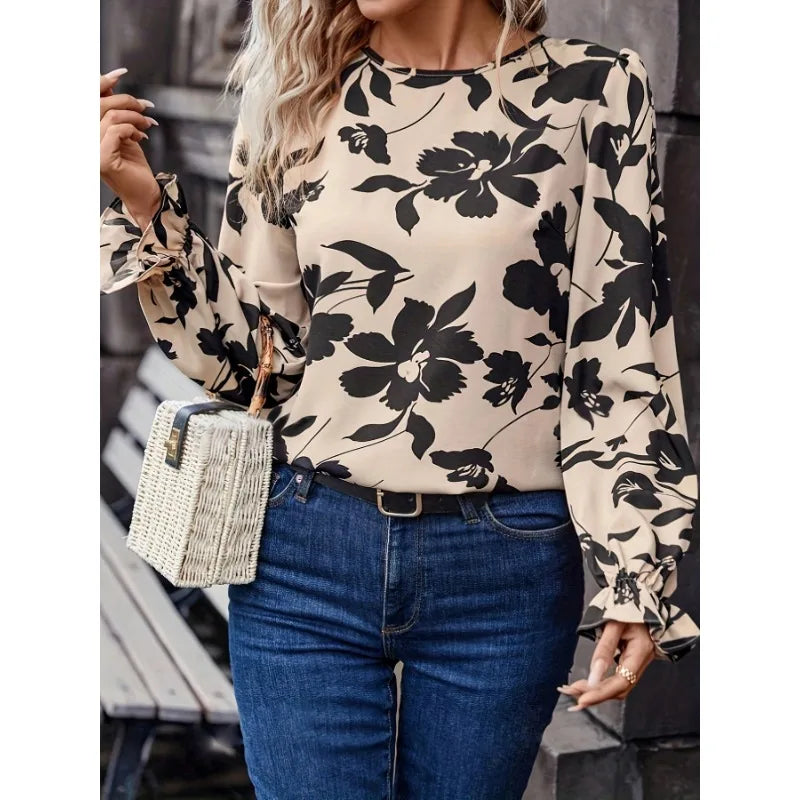 2025 Floral Printed Shirts Women'S Blouses Spring Autumn Vintage Bows Lace Up Single Breasted Backless Chic Shirts Tops Casual