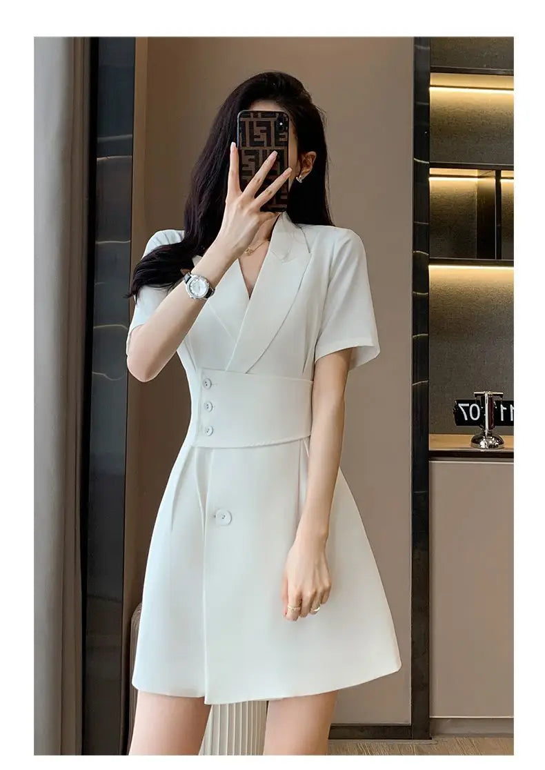 Summer New Office Lady Elegant Fashion Waist Dress Femme Short Sleeve Temperament Solid Robe Vestidos De Fiesta Women's Clothing