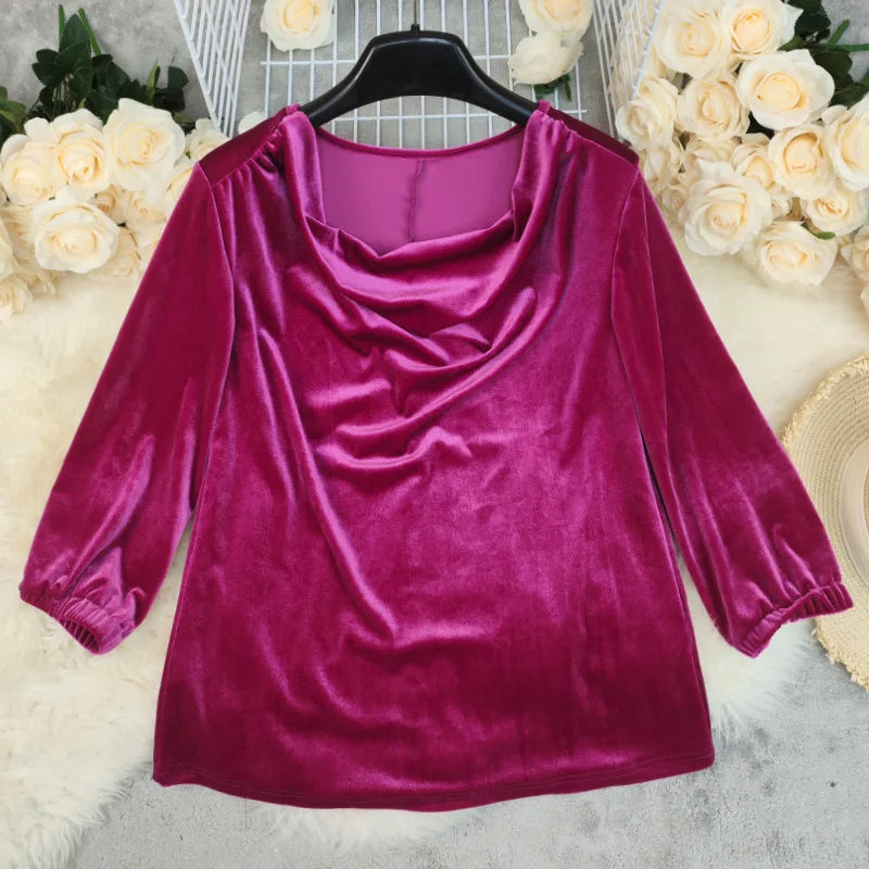 2026 Women T Shirts Tops Pleated Tees Solid V Neck Long Sleeve Slight Stretch Loose Fit Elegant Casual Office Lady Autumn Winter