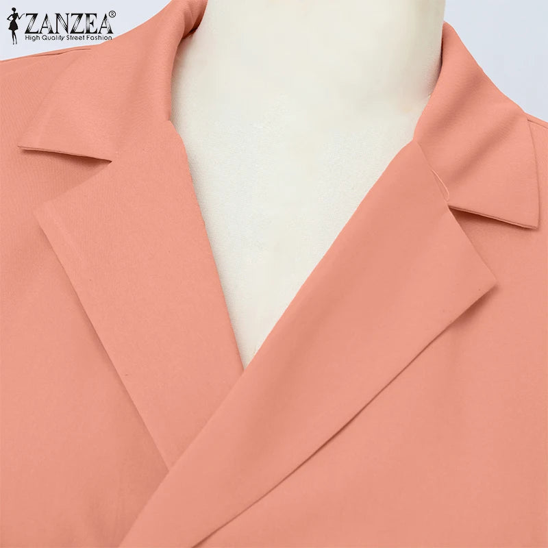 ZANZEA Women OL Work Dress Elegant Knee-Length Suits Sundress Summer 2025 Casual Short Sleeve Vestidos Solid Lapel Neck Robes