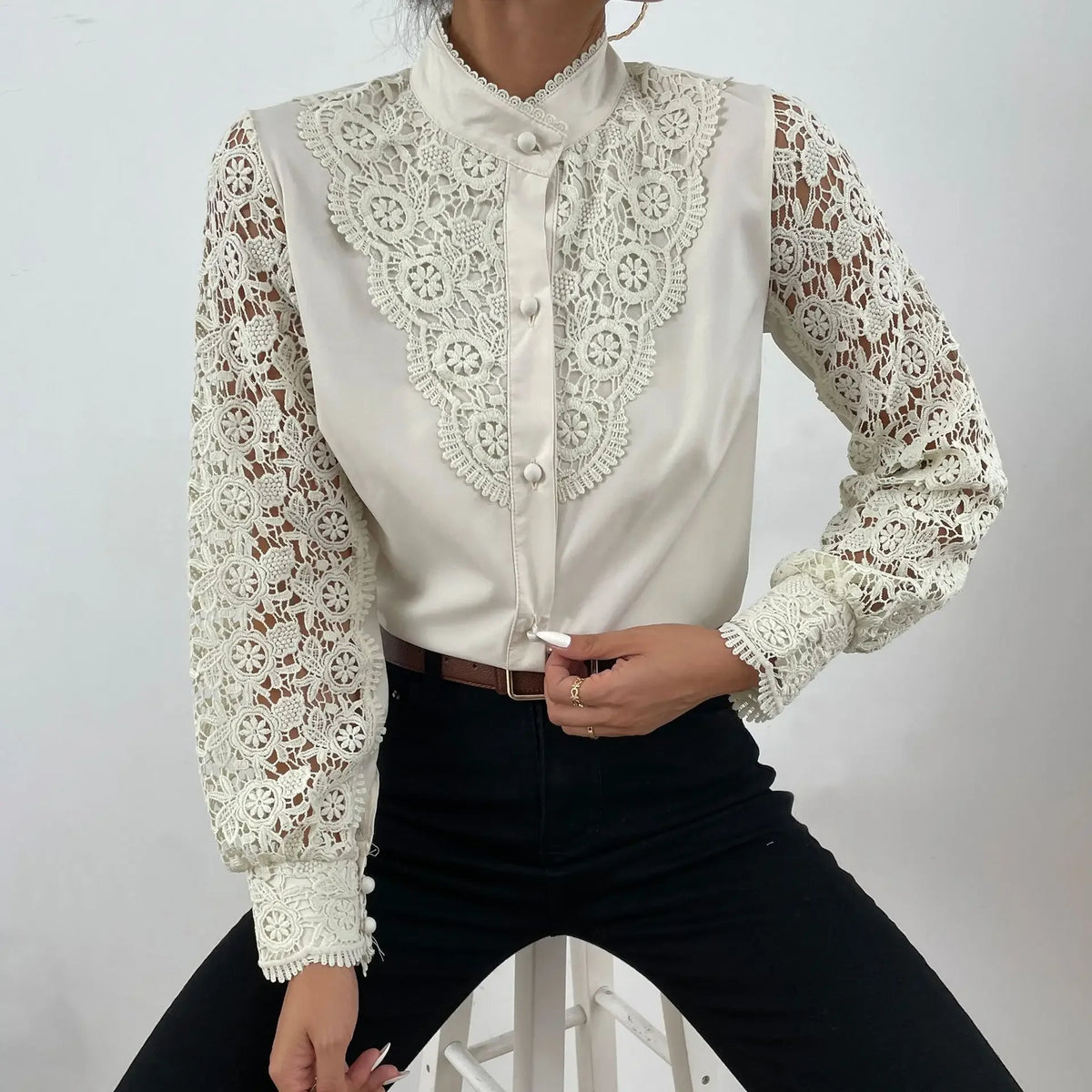 Women's Blouses White Office Spring Casual Button V-neck Long Sleeve Elegant Hook Flower Hollow Shirt For Female