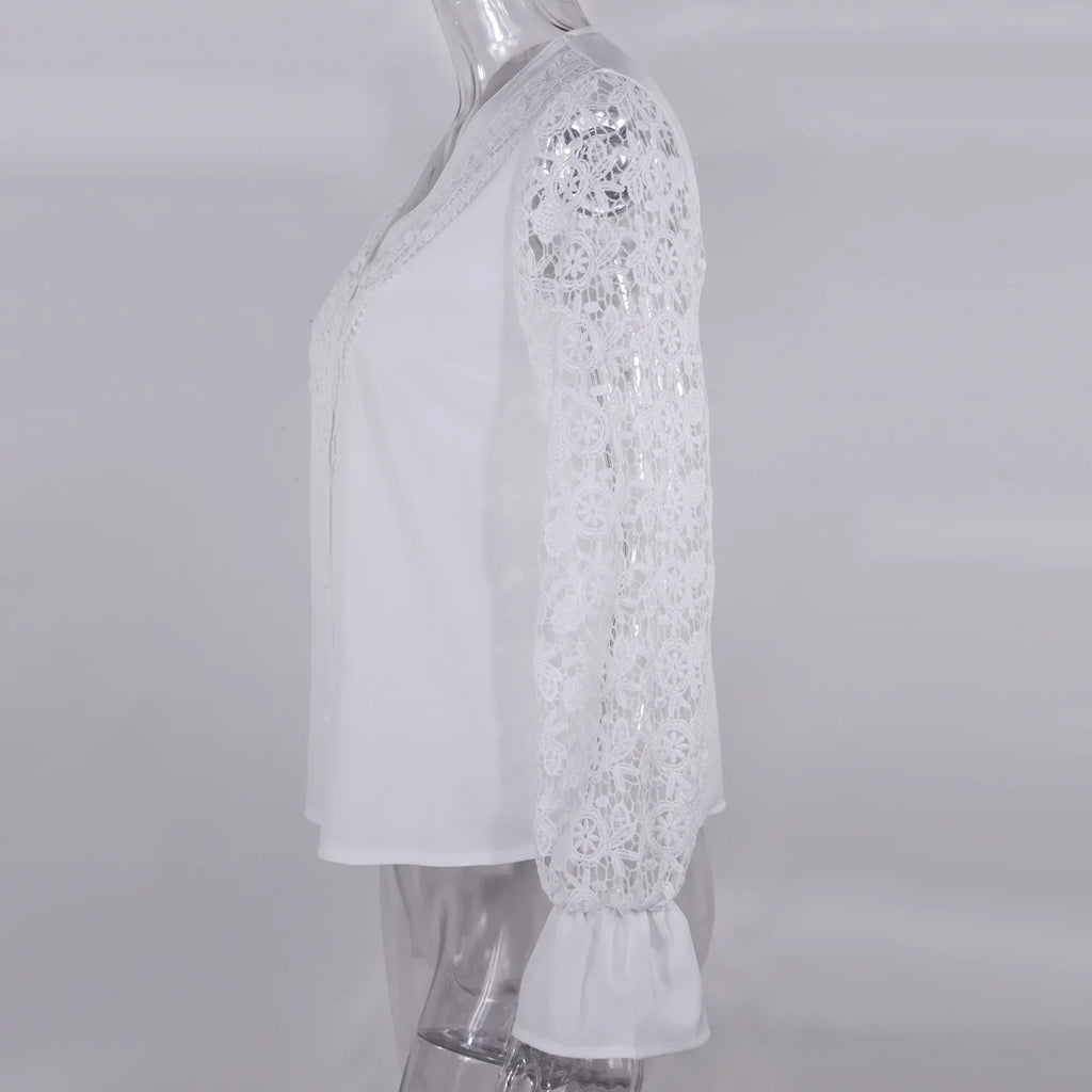 Women's Blouses White Office Spring Casual Button V-neck Long Sleeve Elegant Hook Flower Hollow Shirt For Female