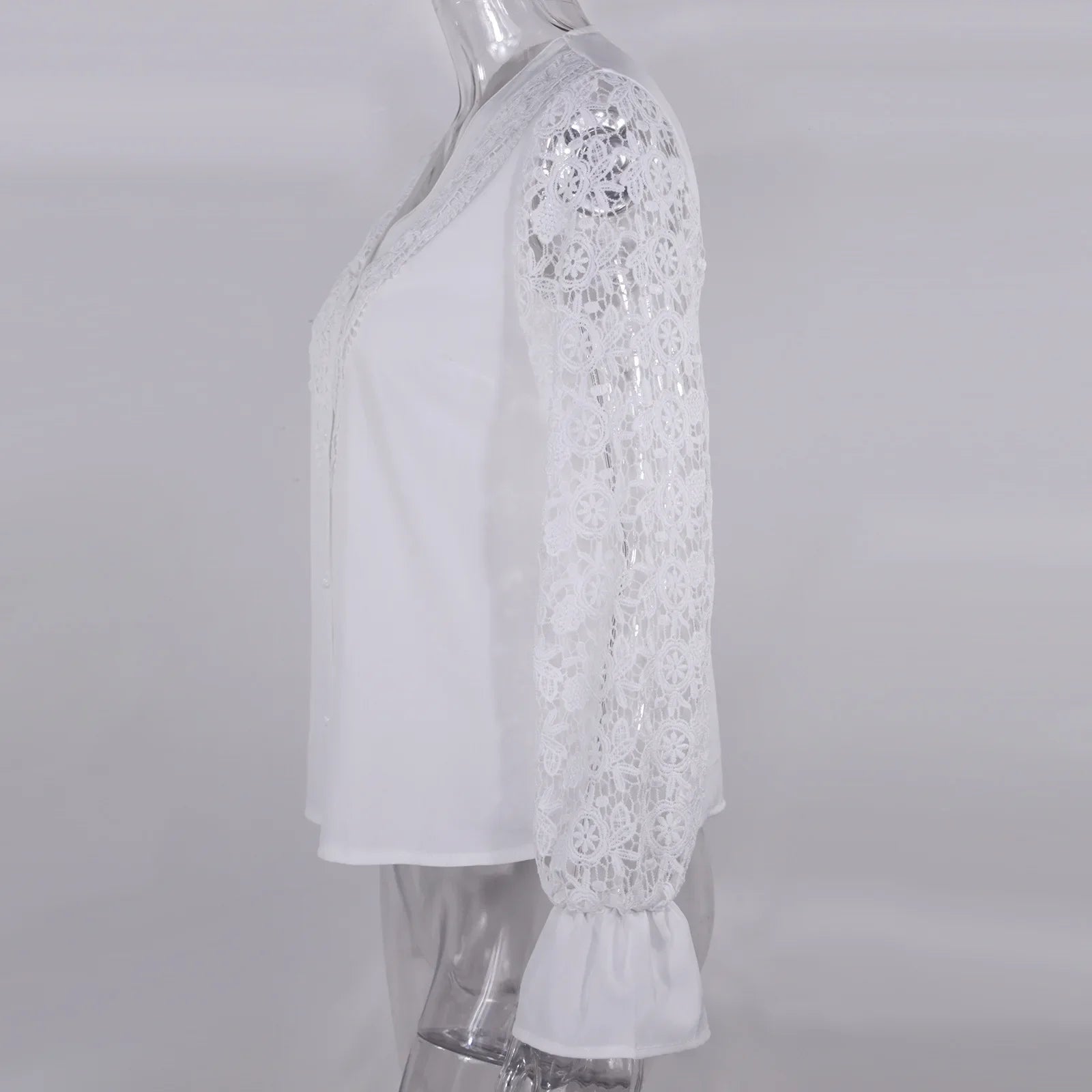 Women's Blouses White Office Spring Casual Button V-neck Long Sleeve Elegant Hook Flower Hollow Shirt For Female