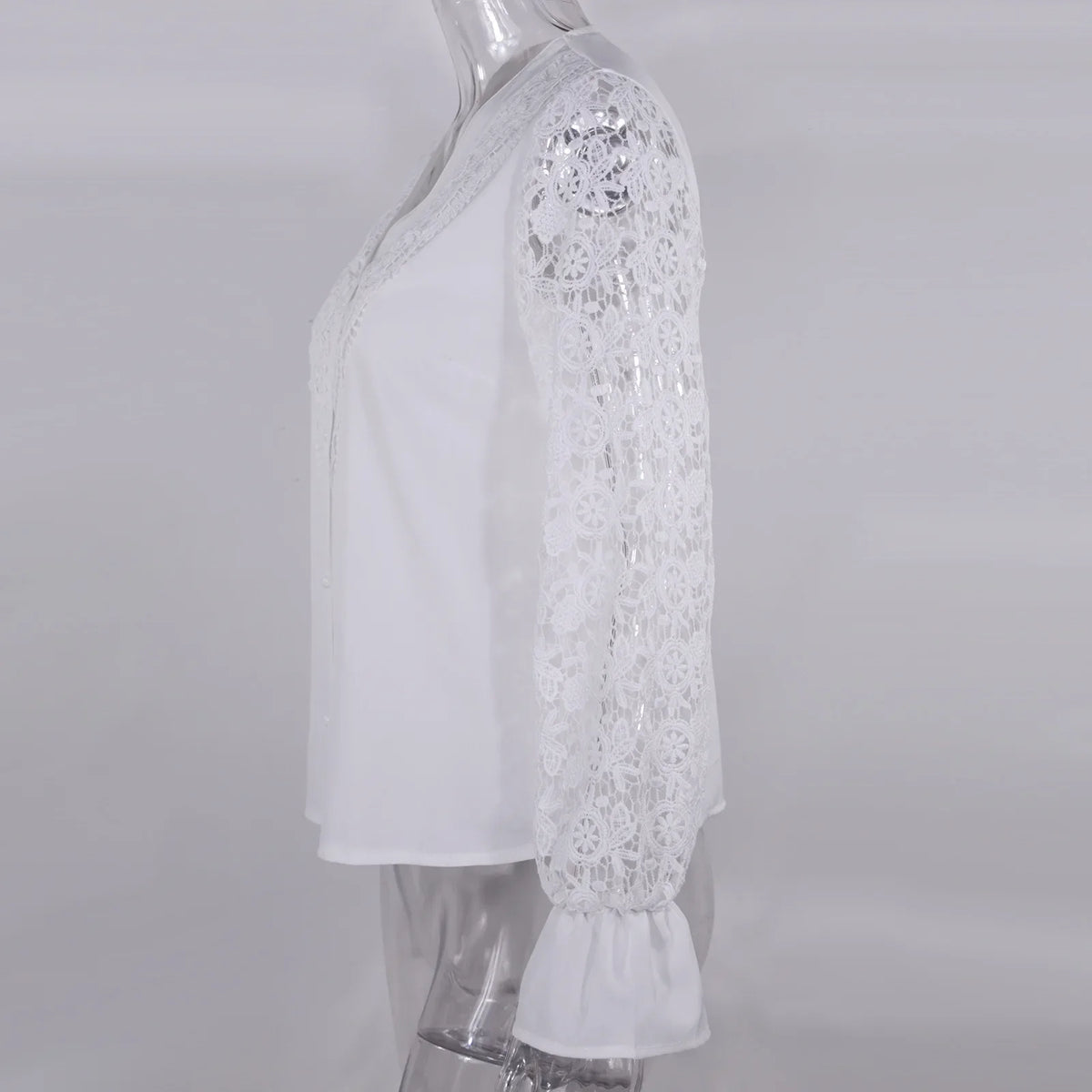 Women's Blouses White Office Spring Casual Button V-neck Long Sleeve Elegant Hook Flower Hollow Shirt For Female