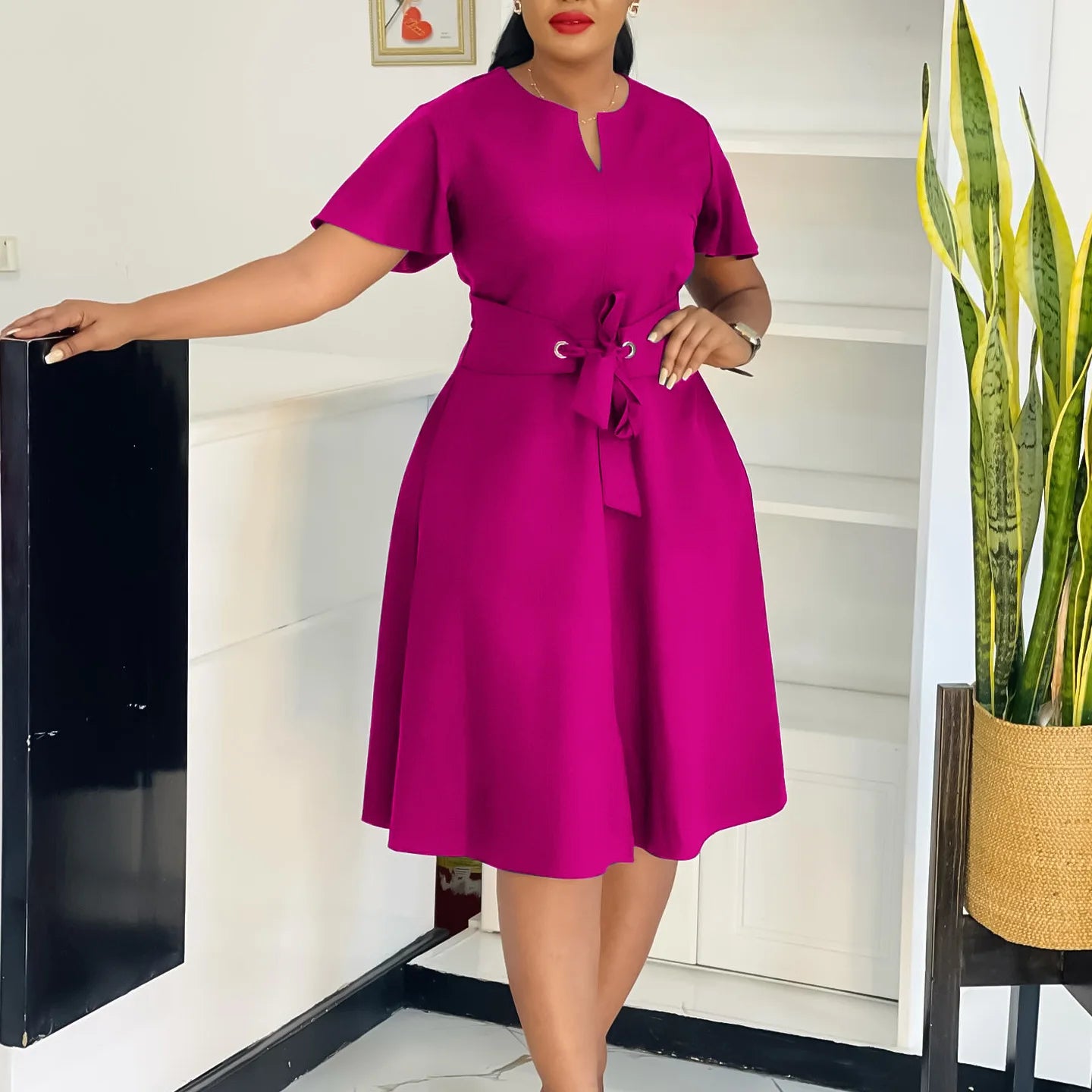 Plus Size Spring Summer New Solid Color Matching V-Neck Short Sleeves Fashion Commuting Slim Fit Midi Length Elegant Style Dress