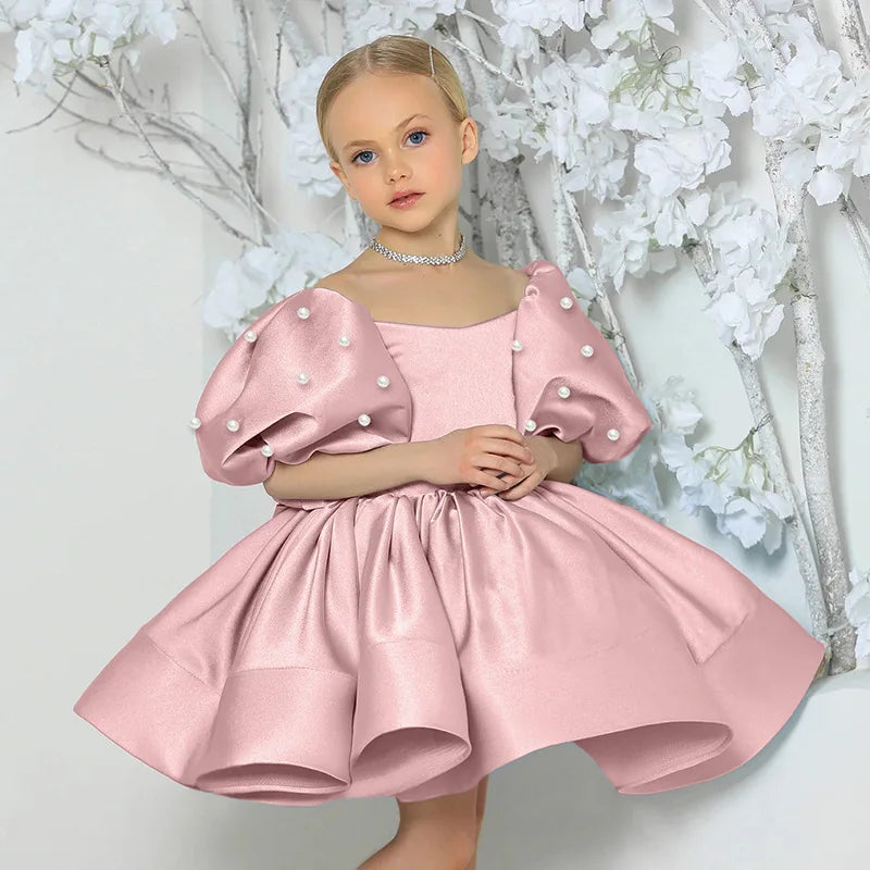 Kids Puffy Dress Pearl Decorated Girl Princess Dress Birthday Elegant Girls Party Dresses Children's Solid Bridesmaid Costume