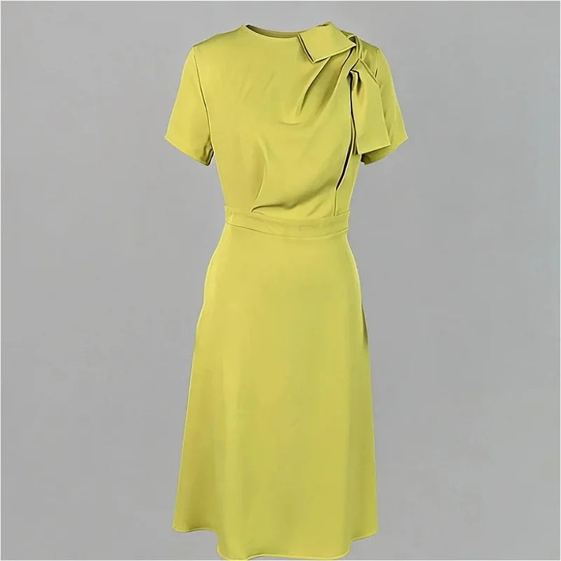 Green Yellow Officewear Dresses for Women 2026 Spring Summer O Neck Short Sleeve Bow High Waist Folds Elegant Midi Dress 182825