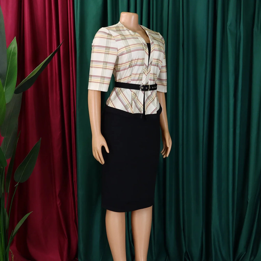 Elegant Office Ladies Dresses for Women O Neck Half Sleeve Plaid Patchwork Sheath Package Hips Female Business Work Wear Dress