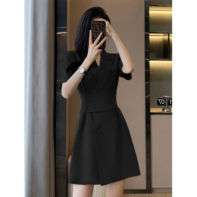 Summer New Office Lady Elegant Fashion Waist Dress Femme Short Sleeve Temperament Solid Robe Vestidos De Fiesta Women's Clothing
