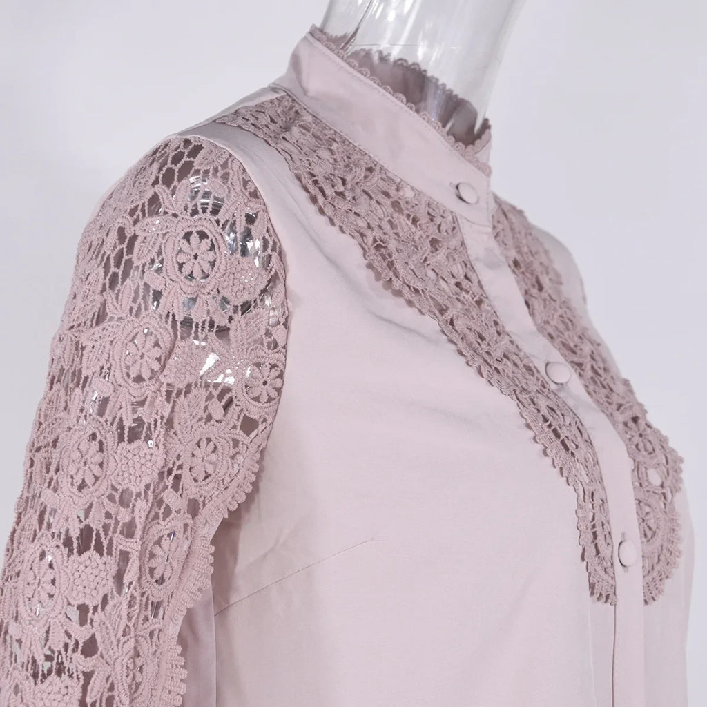 Women's Blouses White Office Spring Casual Button V-neck Long Sleeve Elegant Hook Flower Hollow Shirt For Female