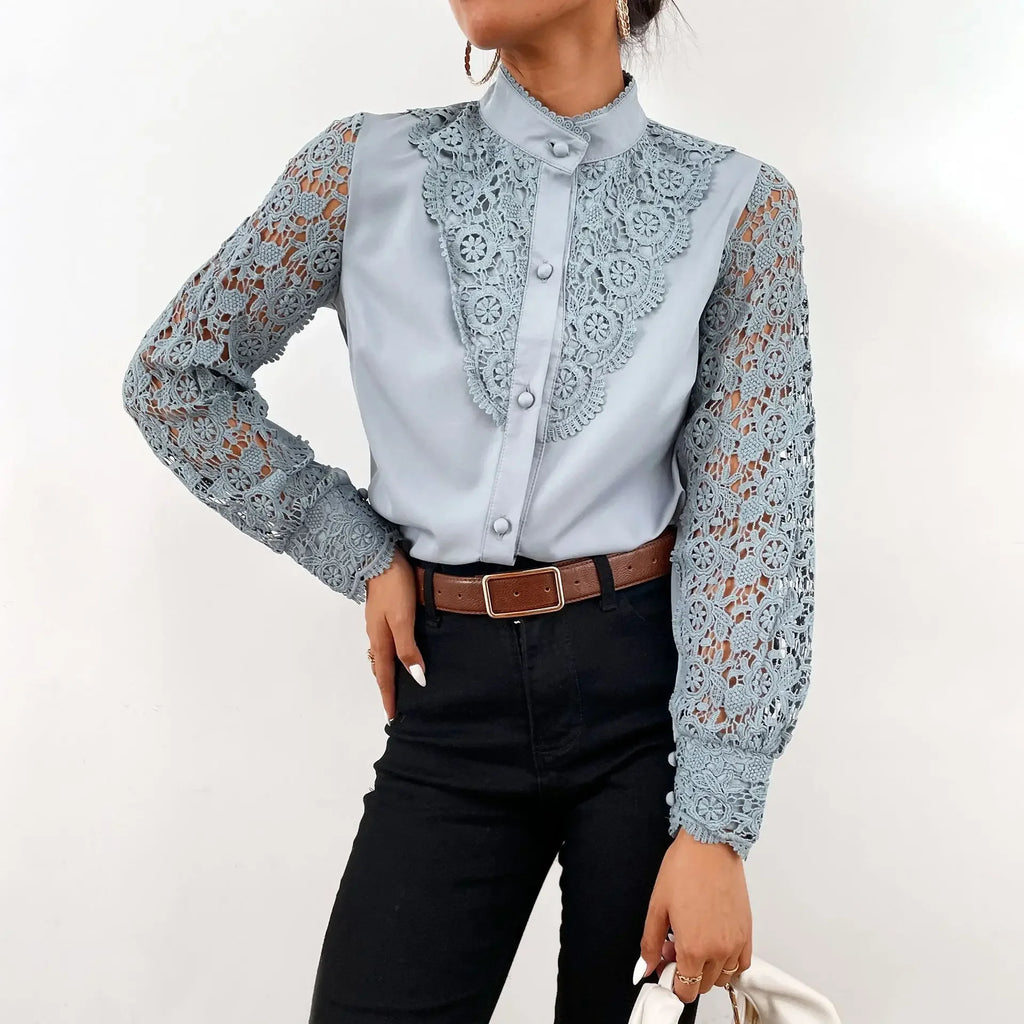 Women's Blouses White Office Spring Casual Button V-neck Long Sleeve Elegant Hook Flower Hollow Shirt For Female