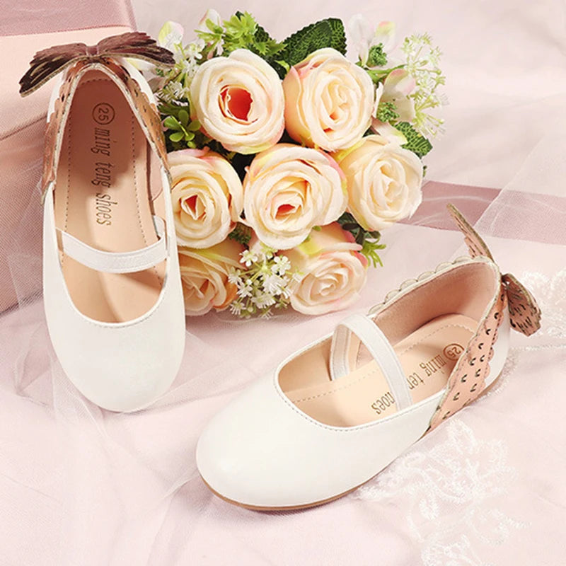 Girls' Leather Shoes 2023 Spring Soft Bottom Butterfly Student Princess Shoes Fashion Slip-on Casual Flats Dancing Shoes 25-30