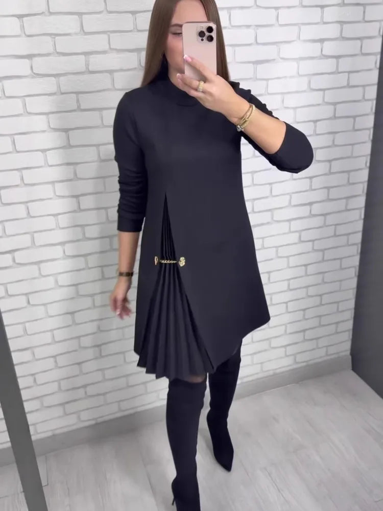 Fashion black casual dress new autumn o neck long sleeve office Holiday party solid dresses for women robe femme vestidos
