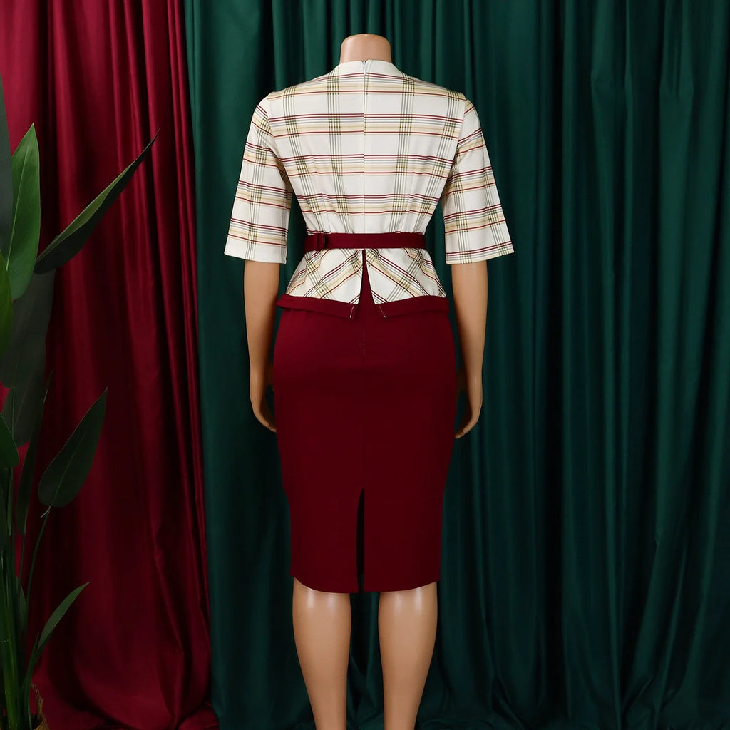 Elegant Office Ladies Dresses for Women O Neck Half Sleeve Plaid Patchwork Sheath Package Hips Female Business Work Wear Dress