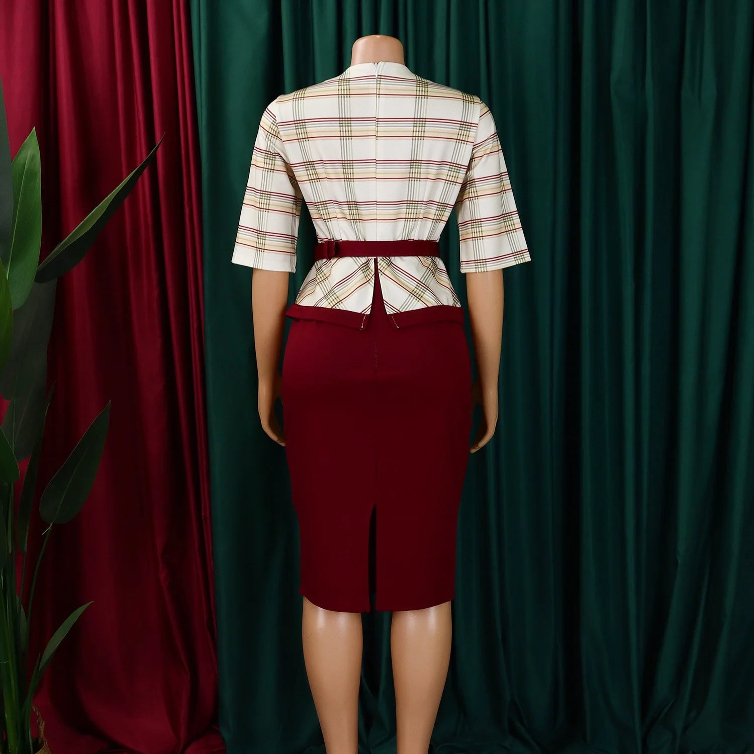 Elegant Office Ladies Dresses for Women O Neck Half Sleeve Plaid Patchwork Sheath Package Hips Female Business Work Wear Dress