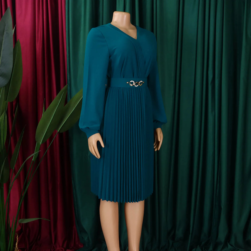 Summer New V-neck Elegant Solid Color Pleated Dress Fashionable Casual Knee-Length Women's Dress