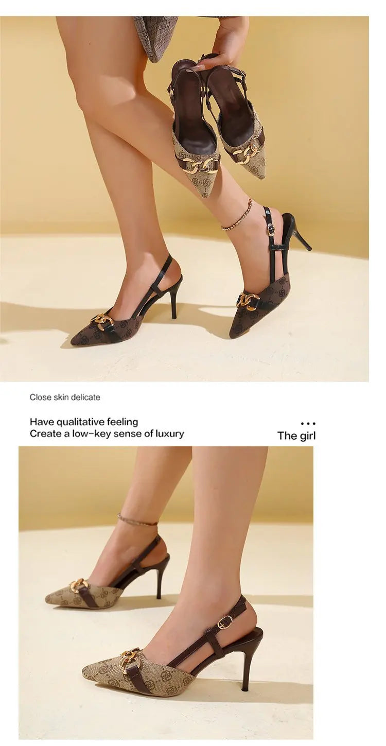 2025 Women's Fashion Baotou Sandals Spring New Pointed Head Shallow Mouth Metal Buckle Anti-slip Wear-resistant High Heels