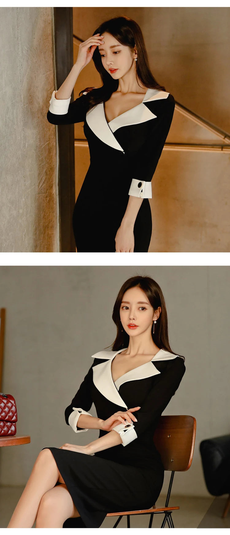 New Fashion Elegant Office Lady Women Dress Sexy Retro Casual Turn-Down Collar Black Formal Slim Midi Party Pencil Femme Vestido